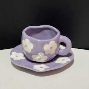 Handmade Clay Mug - Purple flowers with saucer