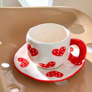 Handmade Clay Mug - Red Heart with saucer