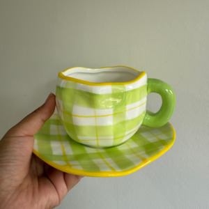 Artistic Homeware: Handmade clay mug - Green Checker with saucer