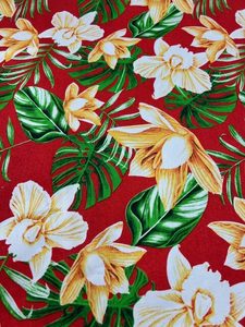 IP77 – Island Prints – Large Apricot Orchid Flowers on Deep Red – 1.15cm w&hellip;