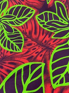 IP83 – Island Prints – Large Fluro Green and Purple flowers on Red Leaves �&hellip;