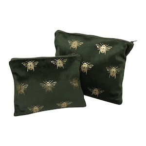 Beauty Accessories: Velvet Bee Toilet Bag Set of 2 - Green/Gold