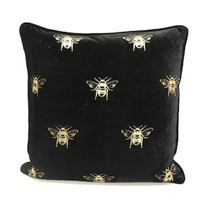 Homeware Cushions: Velvet Multi Bee Cushion - Black/Gold