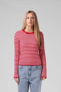 Fashion Tees Tops: Stripe Knitted LS - Red