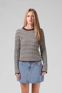 Fashion Tees Tops: Stripe Knitted LS - Chocolate