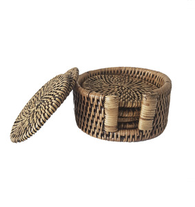 Rattan Round Coaster Set - Brown