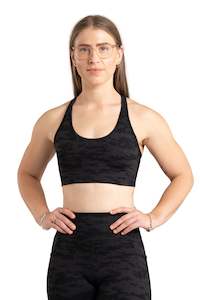 Sports Bra: Cut Out Sports Bra - BLACK CAMO | CONTOUR