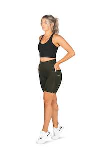 Womens Shorts: SIDE POCKET SHORT - OLIVE GREEN LOGO | TECHLITE