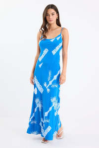 STORIES BE TOLD ARTESIAN STRAPPY BIAS MIDI DRESS - BLUE PALM