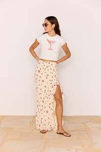 Skirts: CLEMENCE RUFFLE BIAS SKIRT - CREAM/RED FLORAL
