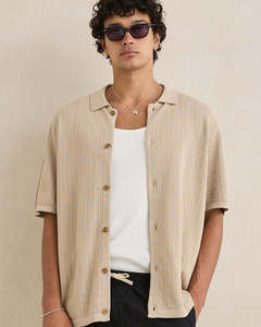 Mens: RHYTHM TEXTURED KNIT SS SHIRT - STONE
