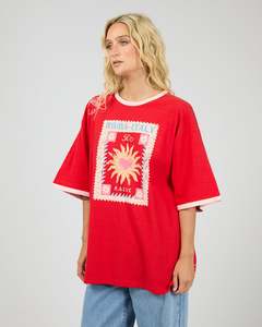 Womens: ALL ABOUT EVE POSTCARDS OVERSIZED TEE - RED
