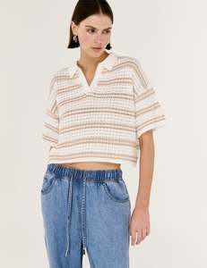 Tops: STAPLE THE LABEL EAMON KNIT POLO TEE - WHITE BEIGE/STRIPE