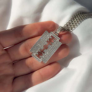 Jewellery: Silver Iced Out Razor Blade