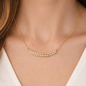 Ellani Yellow Gold Plated CZ Curved Bar Necklace