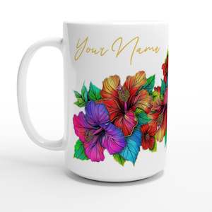 Coffee Mugs: White 15oz Ceramic Mug - Hibiscus Drawn - PERSONALIZED