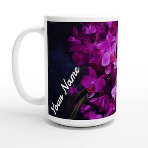 Coffee Mugs: White 15oz Ceramic Mug - Phalaenopsis - PERSONALIZED (White Text)
