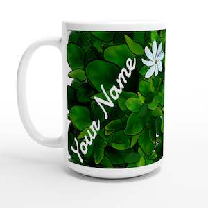 Coffee Mugs: White 15oz Ceramic Mug - Tiare Maori - PERSONALIZED (White Text)