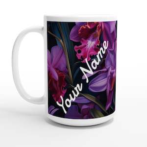 Coffee Mugs: White 15oz Ceramic Mug - Cattleyas - PERSONALIZED (White Text)