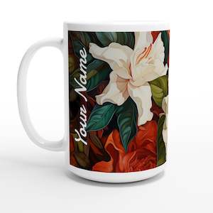 Coffee Mugs: White 15oz Ceramic Mug - Gardenias and Orange - PERSONALIZED (White Text)