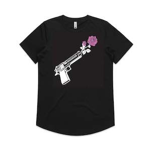 Through Darkness She Blooms Curved-Hem Black Tee, Pink Rose