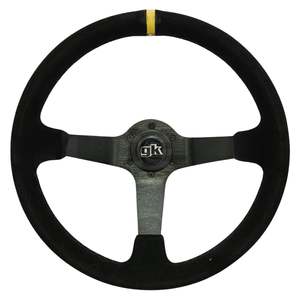 Gktech Steering Wheels: GKTECH Steering Wheel – 350mm Deep Dish Suede with Yellow Centre Stripe (Order in)