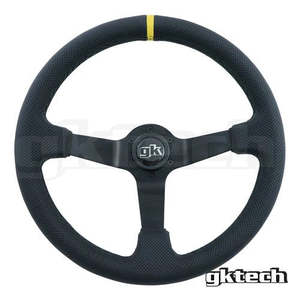 GKTECH Steering wheel 350mm Deep dished perforated leather with yellow stripe (Order in)