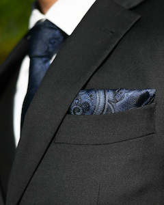 BLACK TIE SUIT HIRE | Navy Blue Satin Paisley Pocket Square TO HIRE