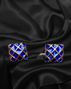 Cufflinks Lapel Pins Tie Pins: Cufflinks | Vintage Style | Blue Diamonds with Chrome Edging