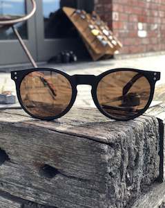 Sunglasses: Electric Pukeko Sunglasses - Round Black Matt Frame with Orange Lenses & Zebrano Wood Arms