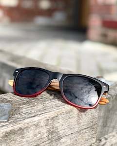 Sunglasses: Electric Pukeko Sunglasses - Gradient Black to Red Frames with Zebrano Wood Arms