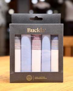 Buckle | Mens Handkerchief 5-Pack | 100 % Cotton |  Blue + White with Stripes