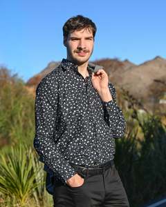 Portobello Road | Long-sleeve Shirt | Iron-cheater Fabric | Black with White Flowers