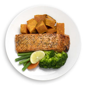 Meals: SALMON AND KUMARA WITH MIXED VEGITABLES - Muscle Chow