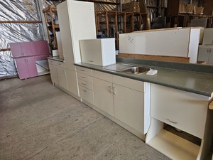White Galley Style Kitchen with Green Bench Top Musgroves