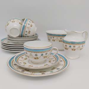 China Brand Anchor Porcelain Co England: Anchor Porcelain Co - Teal Band with Floral Garland - 18-piece Tea Set