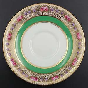 China Brand Aynsley England: Aynsley - Pink and Purple Flowers on Webbed Gold with Inner Green Band, B170 - Saucer