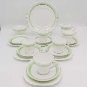 China Brand Bell China England: Bell China - Green and Silver Bands. 4176 - 20-piece Tea Set