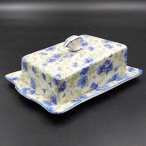China Brand Hollinshead Kirkham England: Hollinshead & Kirkham - Blue Pansies - Lidded Butter Dish