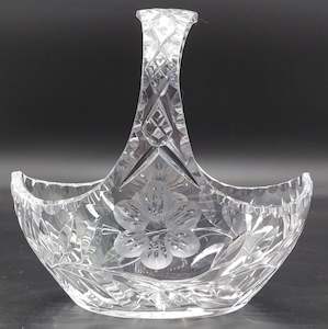 Vintage Cut Crystal - Flowers and Leaves - Basket Vase, 22 cm long