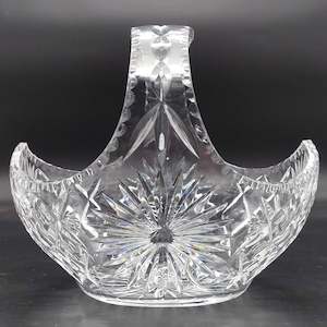 Crystal And Glass: Vintage Cut Crystal - Daisy and Crosses - Basket Vase, 26 cm long