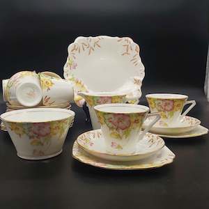 China Brands B: Bell China - Yellow, Green, and Pink Flowers - 21-piece Tea Set