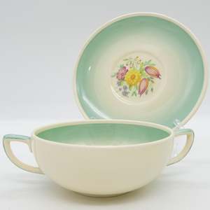 Susie Cooper - Swansea Spray, Blue/Green 1014 - Soup Bowl and Saucer