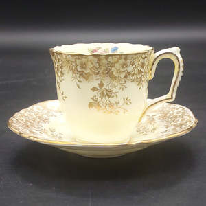 Crown Staffordshire - Floral Spray, Gold Floral Filigree - Demitasse Duo