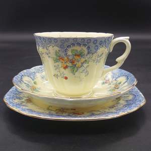 China Brands C: Crown Staffordshire - Red and Orange Flowers, Blue Rim - Trio