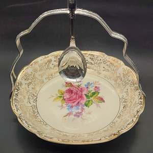 China Brands M: Mayell - Pink Rose and Filigree - Small Serving Bowl with Silver Handle and Spoon