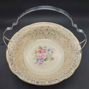 China Brands M: Mayell - Pink Rose and Filigree - Large Serving Bowl with Silver Handle