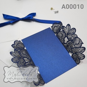 Lasercut Covers - MyCards Wedding Invitations: Dark Blue Metallic Floral Gatefold Wedding Invitation Laser Cover A000010 122mm x 176mm