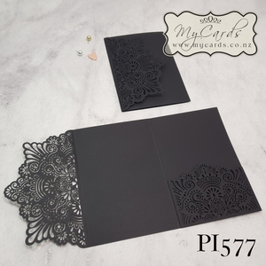 Lasercut Covers - MyCards Wedding Invitations: Black Metallic Pocket for Inserts Wedding Invitation Laser Cover PI577 125mm x 178mm