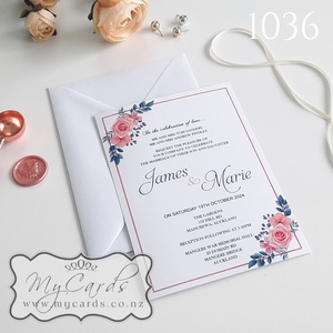 Blush Pink and Dusky Blue Flowers Wedding Invitations Design 1036